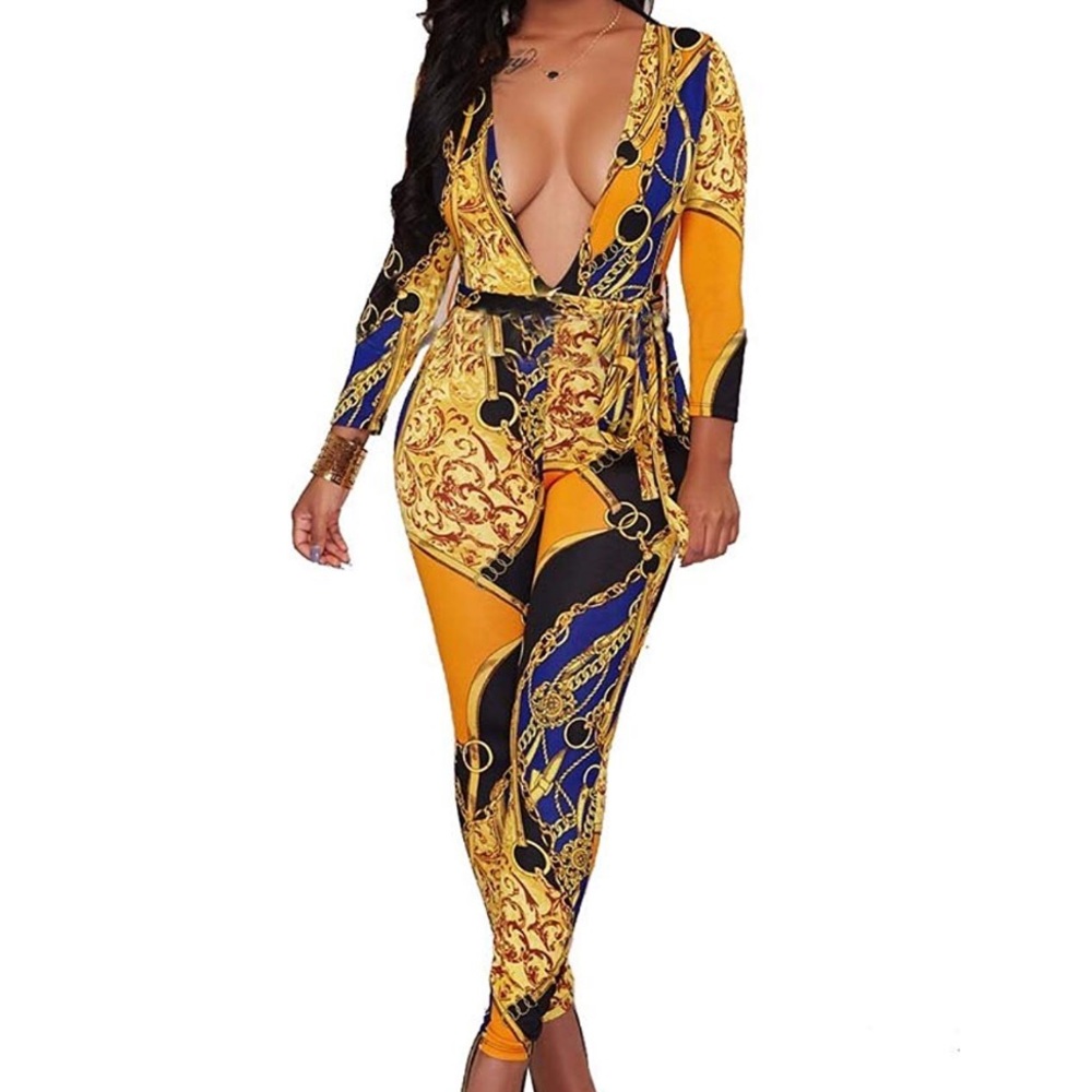Deep V-Neck Long Sleeve Bodycon Party Jumpsuit